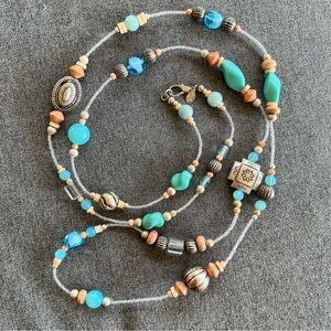 Vintage Mei Fa Beaded Necklace 52” Long Southwestern Turquoise Silver Crystal